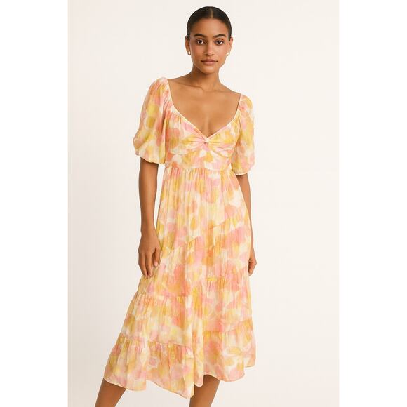 Wild Fern Watercolor Puff Sleeve Smocked Midi Dress Large - Picture 1 of 9